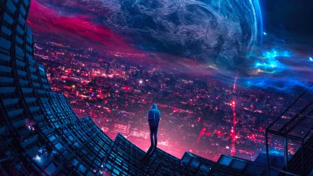 Cosmic Contemplation Above Urban Lights wallpaper