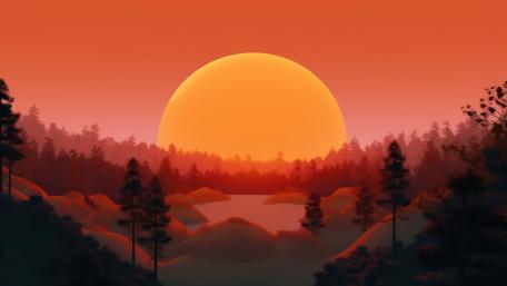 Fiery Sunset Over Serene Forest Landscape wallpaper