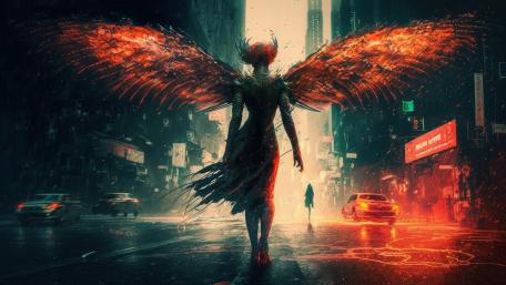 Majestic Demon in Rain-Soaked City wallpaper