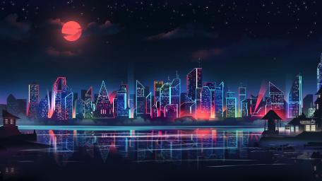 Neon Metropolis Under a Blood Moon wallpaper