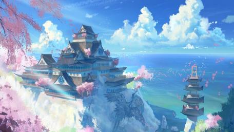 Mystical Cherry Blossom Castle Retreat wallpaper