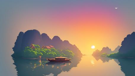 Serene Sunset by the Mountains wallpaper