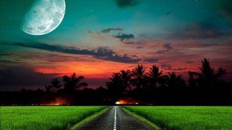 Mystical Moonlit Road Amidst Twilight wallpaper