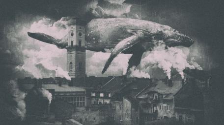 Surreal Sky Whale Over Vintage Townscape wallpaper
