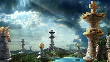 ChessLand - Majestic Chess Giants Guarding Serene Lake wallpaper