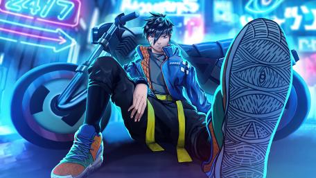 Futuristic Biker in Neon Cityscape wallpaper