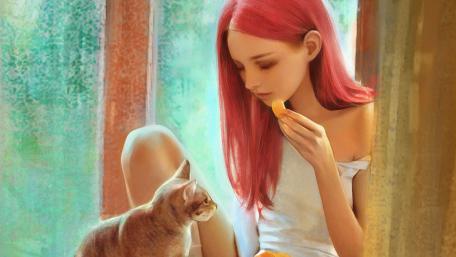 Contemplative Moment with a Feline Friend wallpaper