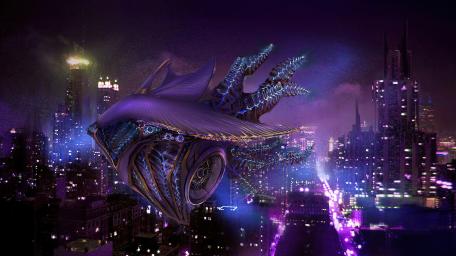 Futuristic Soaring Through Neon Skies wallpaper