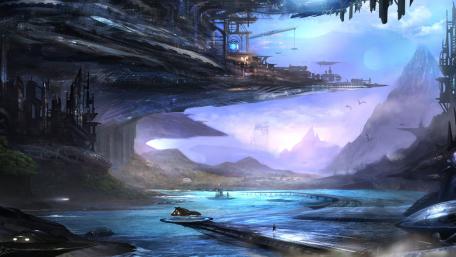 Futuristic Cityscape by the Water's Edge wallpaper