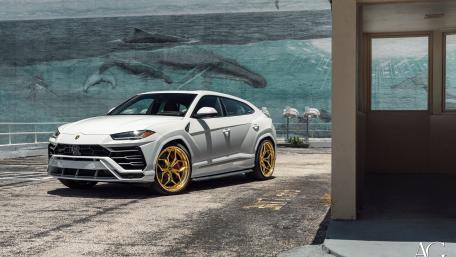 Sleek White Lamborghini Urus Sports SUV Power Pose wallpaper