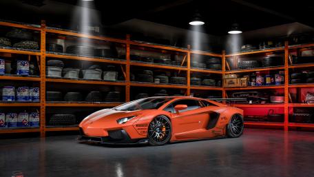 Orange Lamborghini Aventador Liberty Walk Supercar Showroom Elegance wallpaper