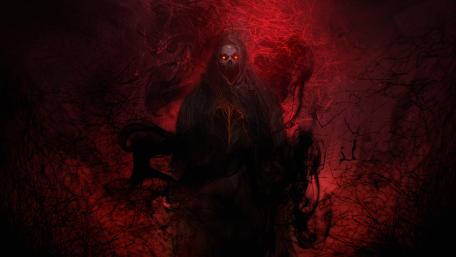 Eerie Devil Shrouded in Red and Black wallpaper