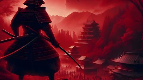 Samurai Over looking town Red wallpaper