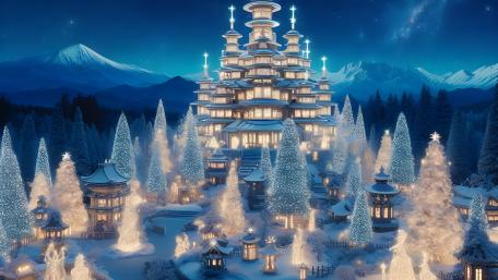 Enchanted Winter Palace Amidst Snowy Pines wallpaper