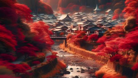 Autumn Embrace in a Tranquil Village wallpaper