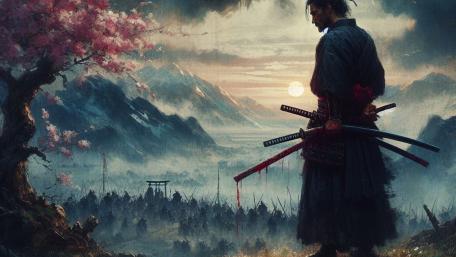 Samurai overlooking a bloody but beautiful battlefield wallpaper