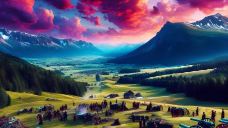 Battlefield with cannons at sunset wallpaper