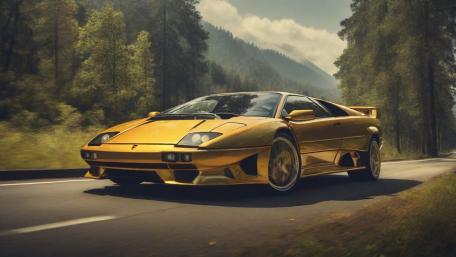 Golden Lamborghini Diablo Supercar in Scenic Countryside Drive wallpaper