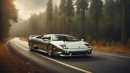 Luxury Lamborghini Diablo Supercar Cruise Through Misty Forest wallpaper