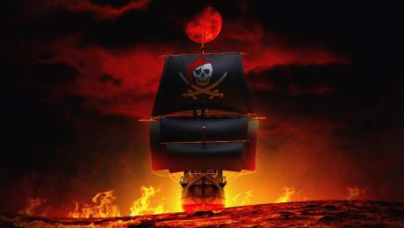 Ghostly Pirate Ship Sailing Infernal Seas wallpaper