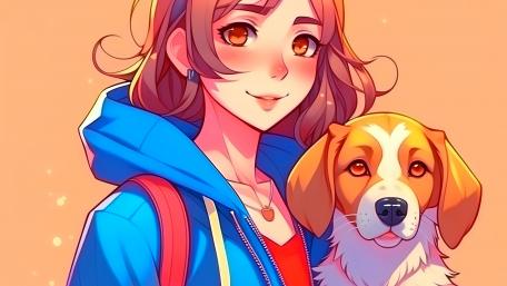Girl and Dog in Sunset Glow wallpaper