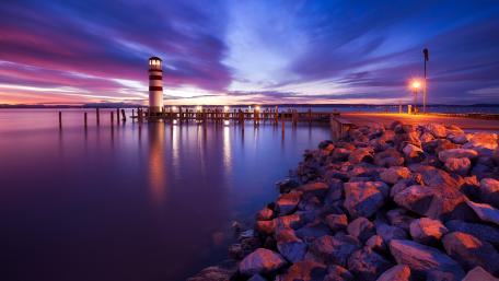 Sunset Serenity at the Podersdorf Lighthouse on the Lake Neusiedl, Austria wallpaper