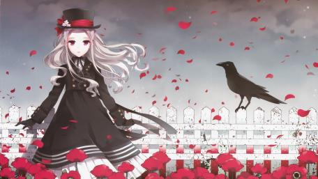 Enchanting Kawaii Anime Girl with Crow and Roses in 4K Quality wallpaper
