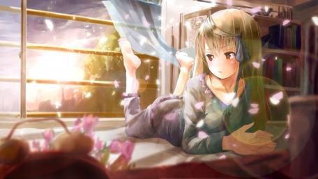 Anime girl enjoying a tranquil morning scene in pajamas wallpaper