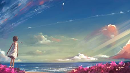 Serene Coastal Dreamscape in Anime Style wallpaper
