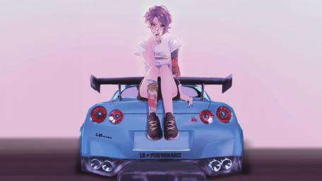 Stylish Tattooed Anime Girl and Sleek Nissan GT-R Sports Car wallpaper