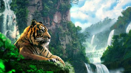 Majestic Tiger Overlooking Waterfall wallpaper