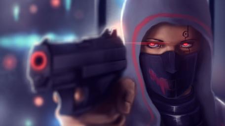 Mysterious Figure with Intense Gaze and Gunpower wallpaper