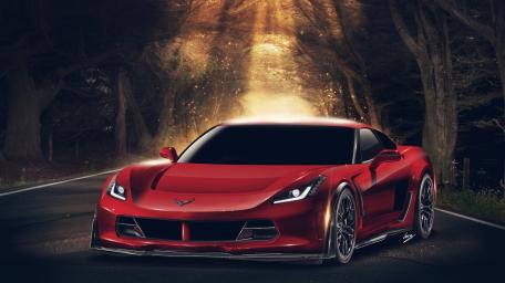 Sleek Red Chevrolet Corvette on a Scenic Road wallpaper