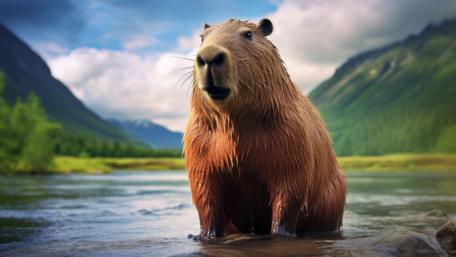 Majestic Capybara in Mountain Waterscape wallpaper