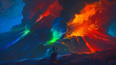 Eruption of Volcano in a Surreal Landscape wallpaper