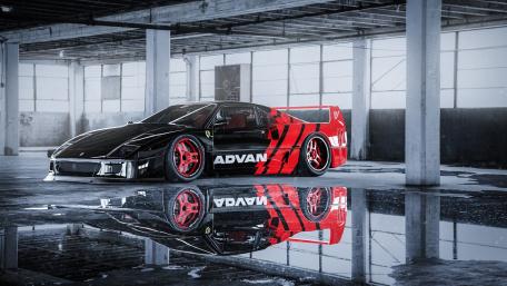 Sleek Racing Machine in a Reflective Hanger wallpaper