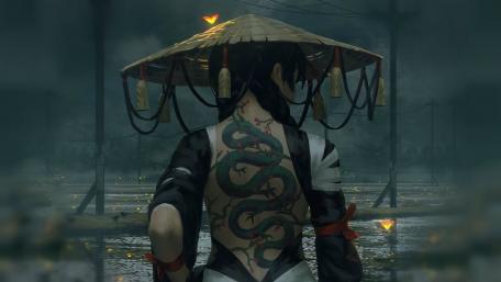 Mysterious Tattooed Figure Amidst Lanterns wallpaper