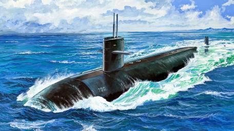 Majestic Submarine Cruising Through Ocean Waves wallpaper
