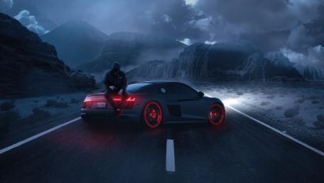 Mysterious Night Rider on Desert Road wallpaper