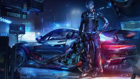 Futuristic Cyborg with Porsche in Cyberpunk Cityscape wallpaper