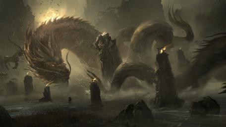Epic Dragon Battle in Mystical Lands wallpaper