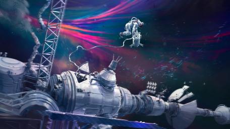 Astronauts Amidst Cosmic Colors wallpaper