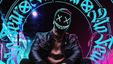 Glowing Masked Man in Leather Jacket wallpaper