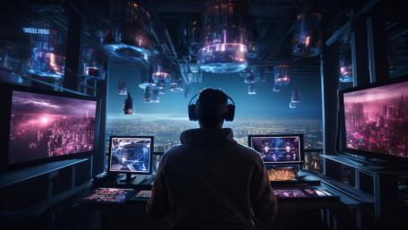 Futuristic Command Center Overlooking Cityscape wallpaper