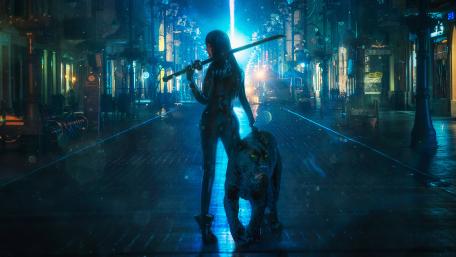 Futuristic Warrior in Neon-Lit Rain wallpaper