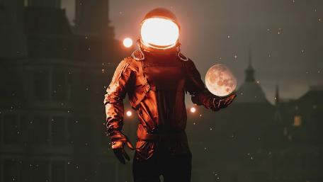 Mystical Astronaut in the Twilight City wallpaper