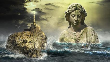 Mystical Seascape with Ancient Guardian wallpaper
