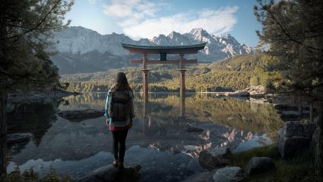 Tranquil Mountain Shrine Reflection wallpaper