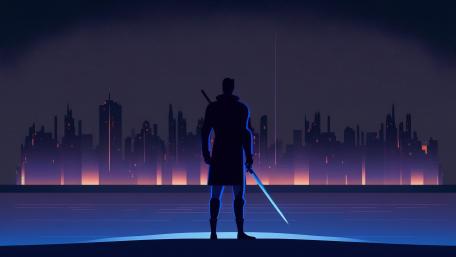 Futuristic Warrior Overlooking Cityscape wallpaper