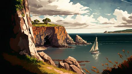 Seaside Serenity with Sailboat wallpaper